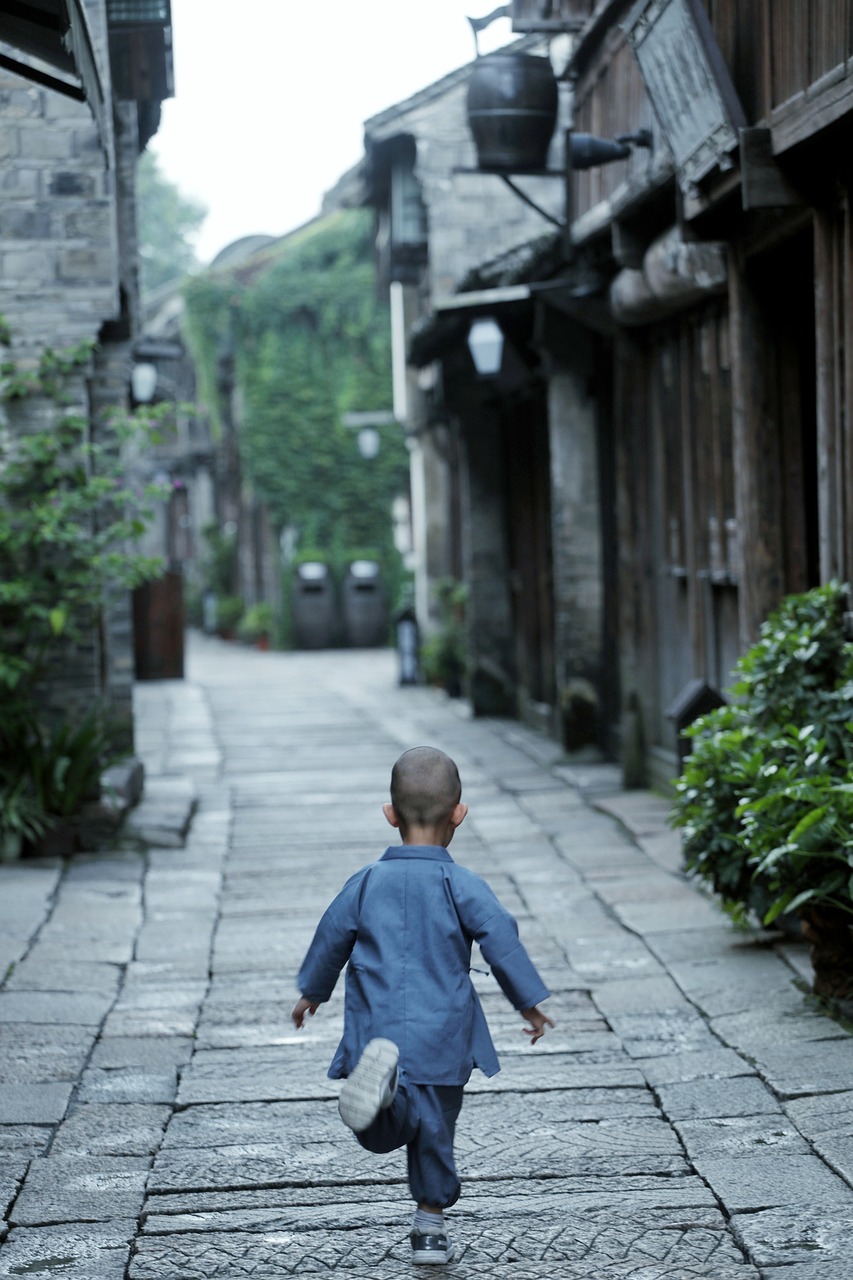 child, boy, run, alley, street, plants, building, antiquity, wooden, nature, line, wuzhen, tourism, the ming and qing dynasties, huizhou architecture, south of yangtze river
